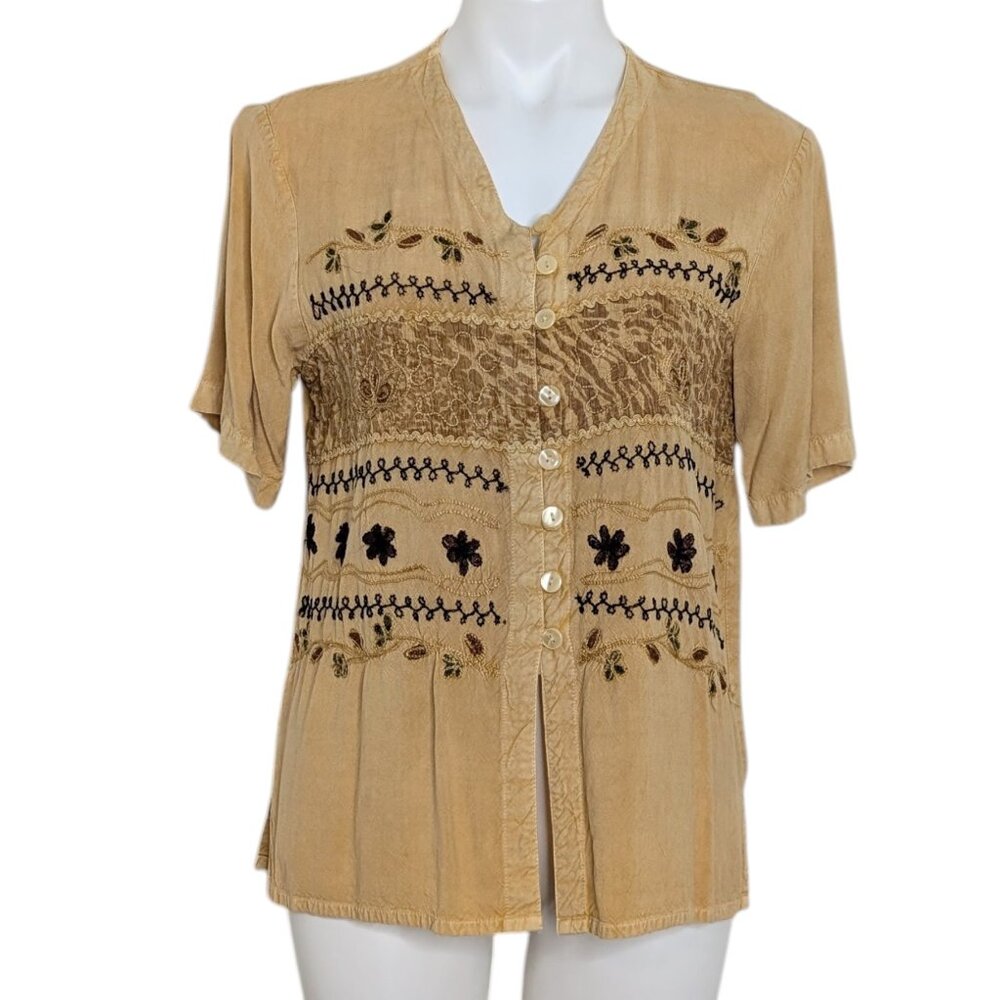 VTG Tan Embroidered Multi Print Button Front Short Sleeve Top Boho
